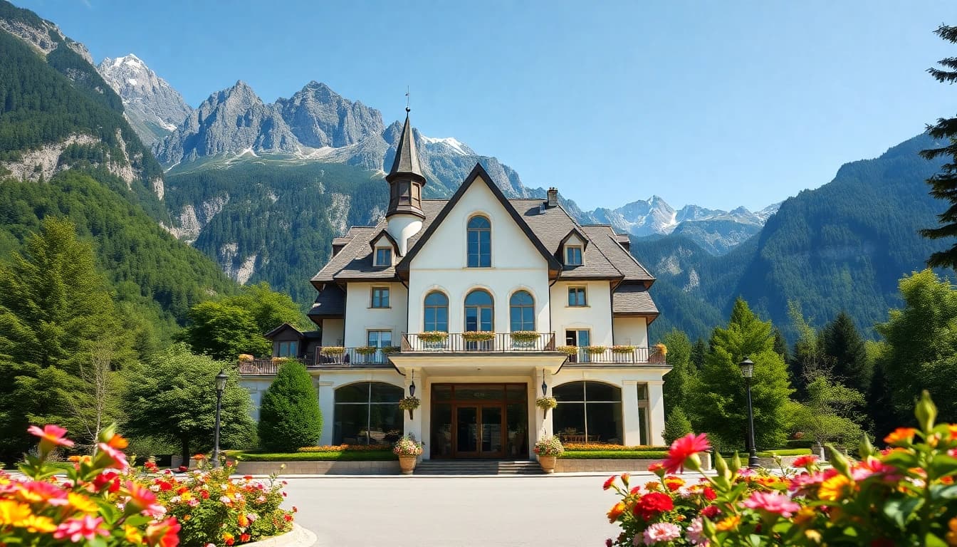 Überblick über das Neuschwanstein Hotel mit blühenden Gärten und majestätischem Hintergrund.