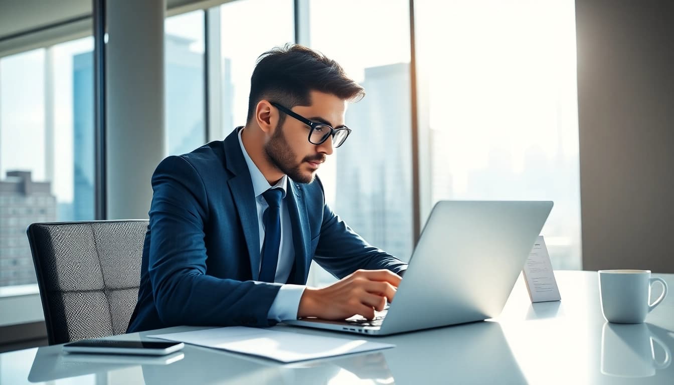 Headhunter IT analysiert Lebensläufe in einem modernen Büro mit hellem Licht.