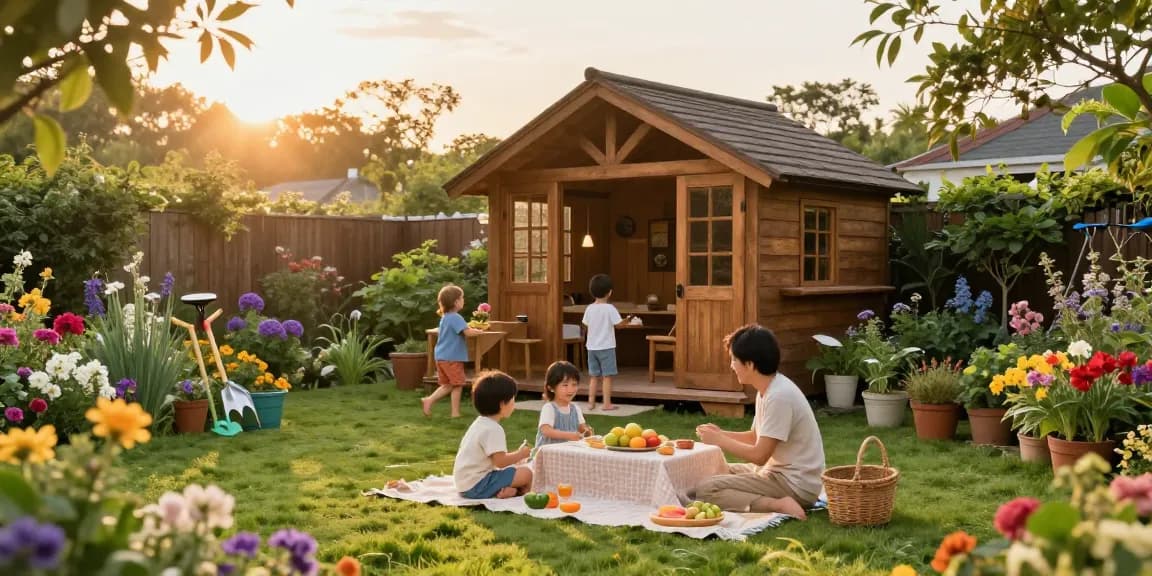 Familie im Garten mit einem Gartenhaus, bunt blühende Pflanzen und eine einladende Atmosphäre genießen.