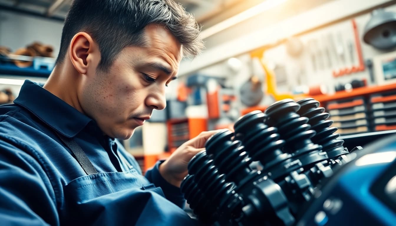 Mechanic examining Auto Kufen closely in a well-lit workshop environment.