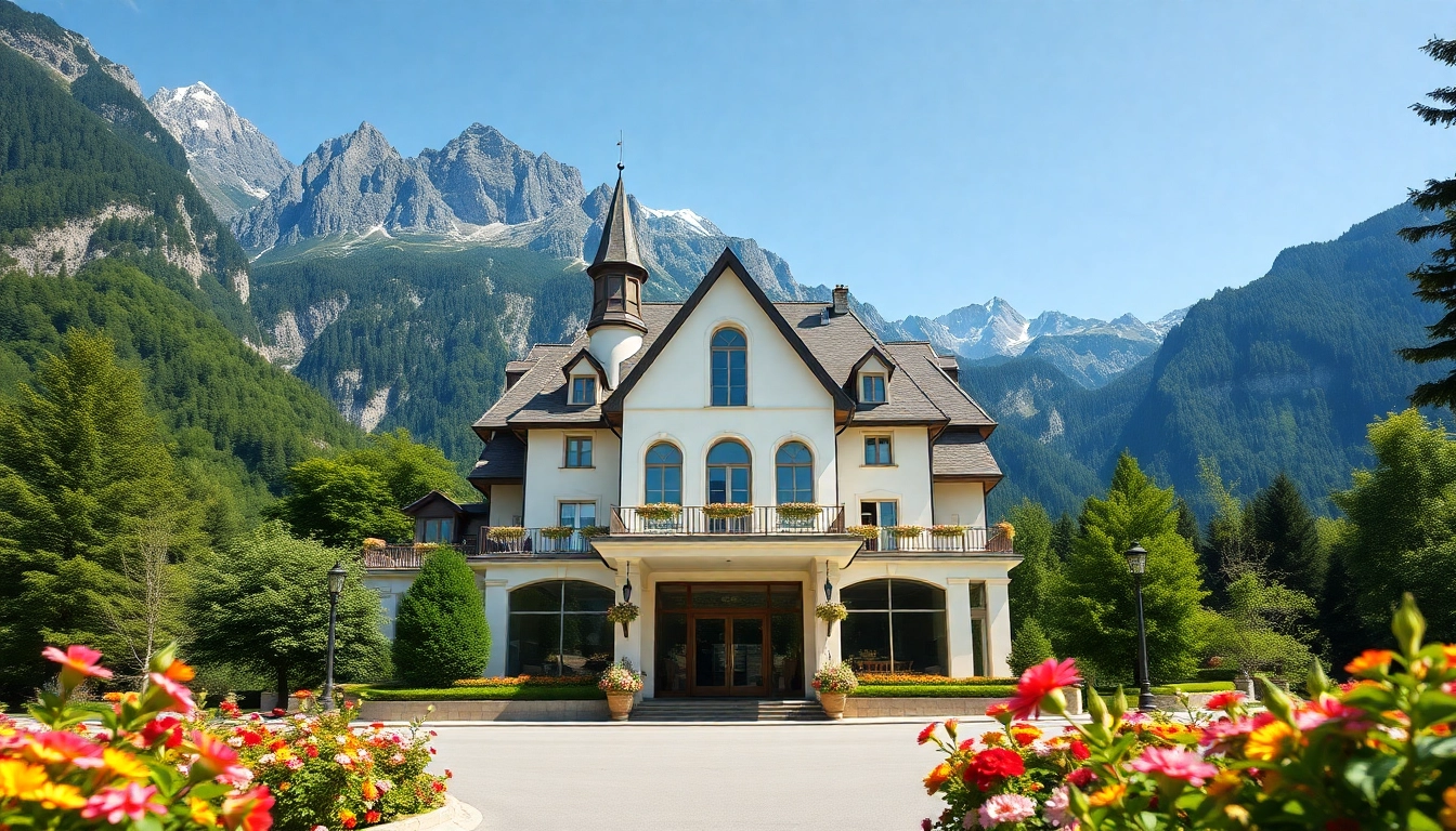 Überblick über das Neuschwanstein Hotel mit blühenden Gärten und majestätischem Hintergrund.