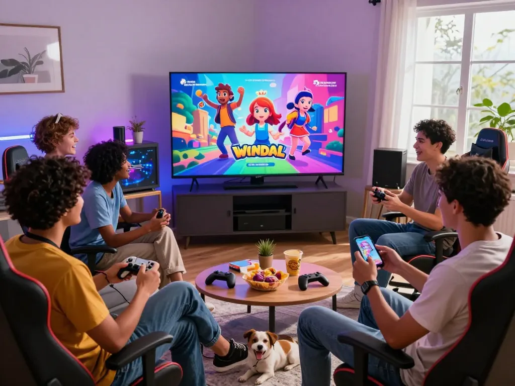 Excited friends playing a free sex game together in a vibrant living room setting.
