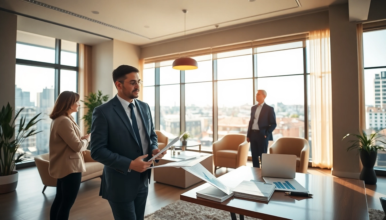 Immobilienmakler Frankfurt Sachsenhausen berät Kunden in einem modernen Büro mit Stadtblick.