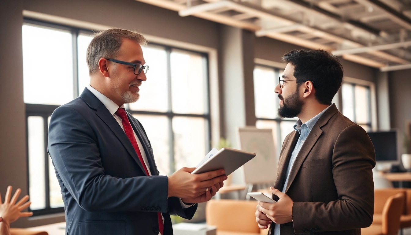 Headhunter Ingenieure in einem professionellen Gespräch mit einem Ingenieur in einem modernen Büro.