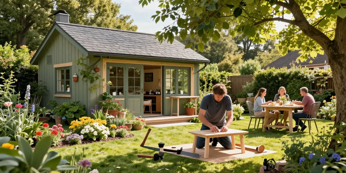 Gartenhaus in blühendem Garten mit Handwerker bei der Möbelmontage.