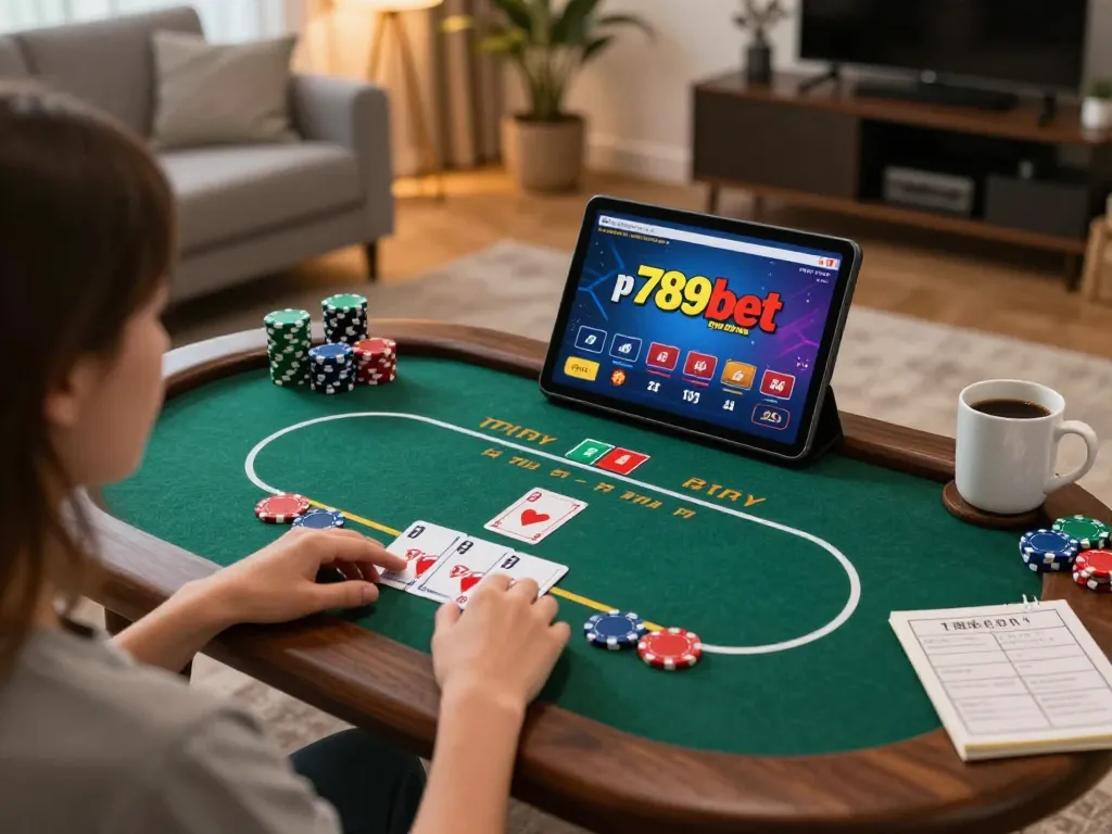 Player engaging with p789bet online poker game on tablet, illustrating strategic gameplay at home