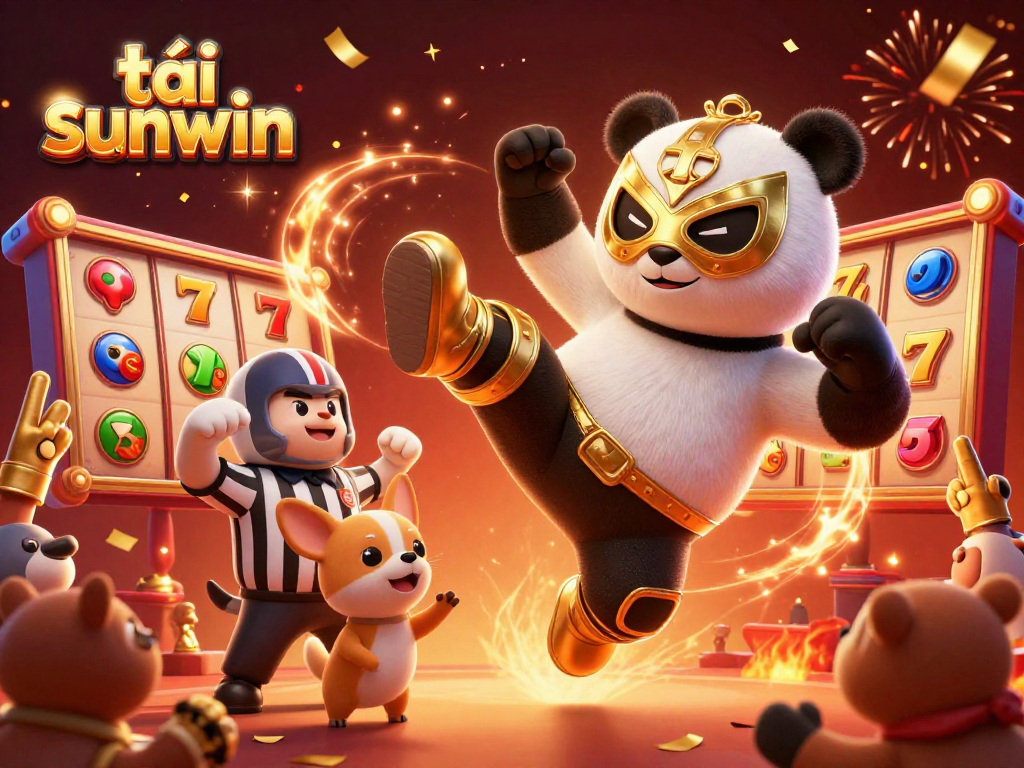Engage in dynamic gaming vibes with tải sunwin featuring panda wrestler kicking amid vibrant slot scenes.