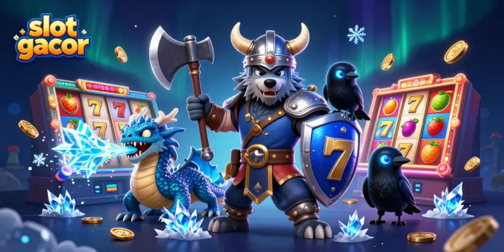 Engage with slot gacor gameplay featuring a Viking warrior, dragon, and vibrant slot machine elements