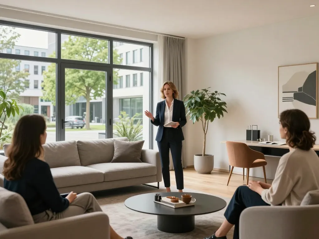 Fesselnde Präsentation von Immobilienmakler Frankfurt Dornbusch in einem hellen Wohnzimmer.