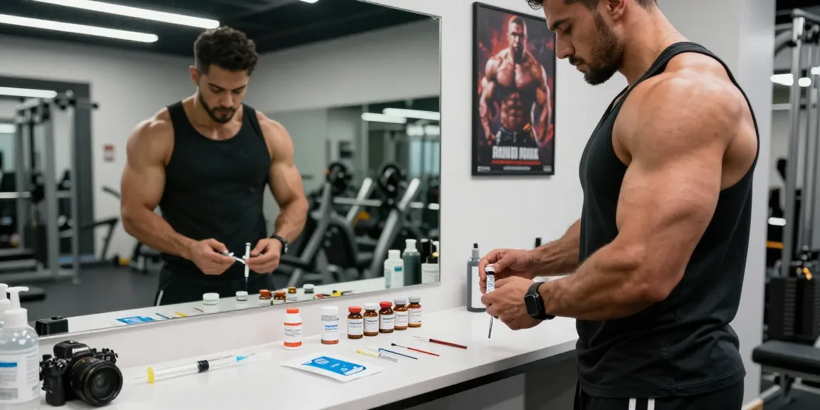 Anabolika Shop: Bodybuilder bereitet sich auf Steroidinjektion in einem modernen Fitnessstudio vor.