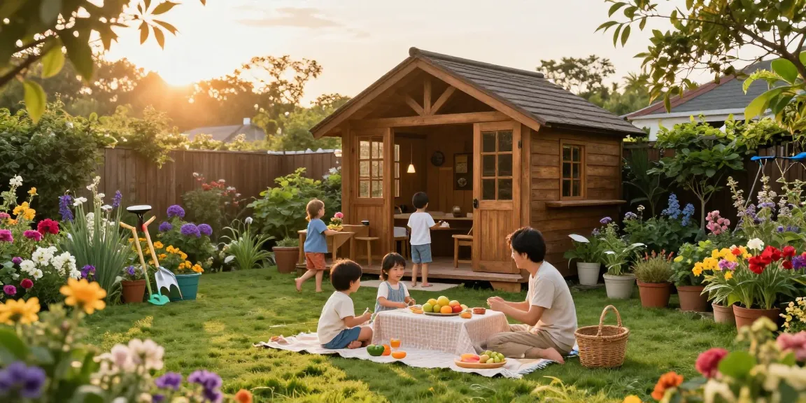 Familie im Garten mit einem Gartenhaus, bunt blühende Pflanzen und eine einladende Atmosphäre genießen.