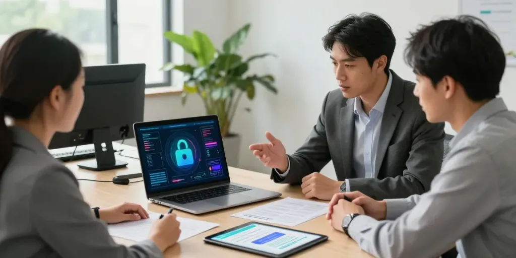 IT Sicherheitsberatung mit Experten im modernen Büro, strategische Diskussion über Cybersecurity.