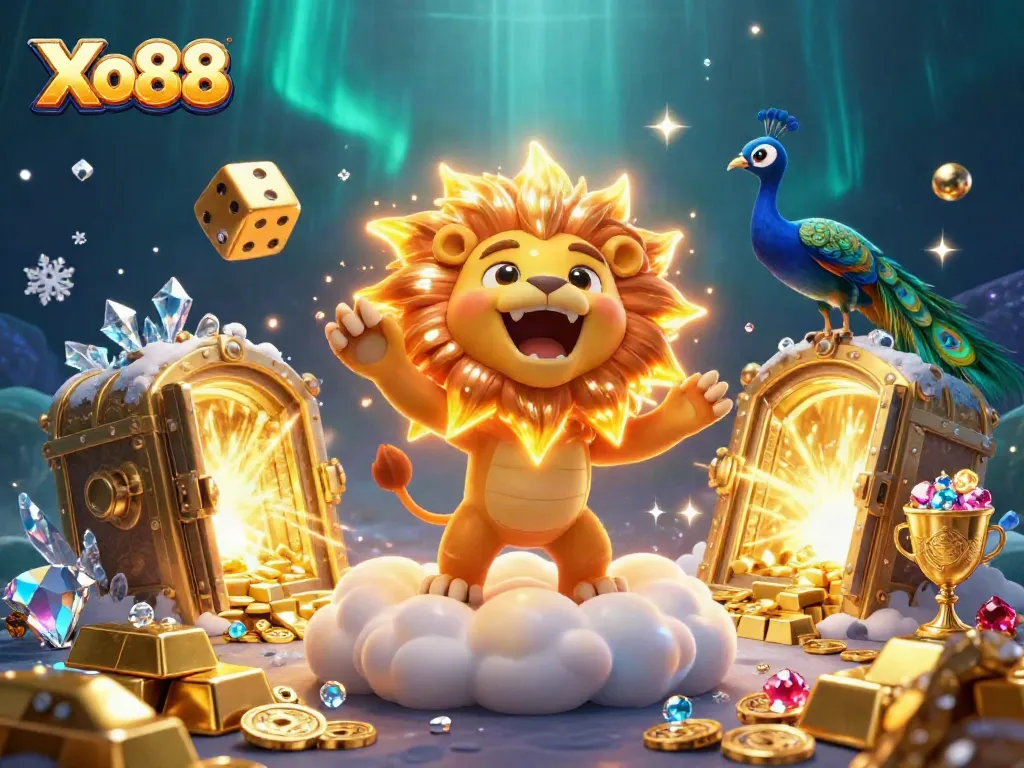 Xo88 offers an exhilarating casino experience, featuring a mythical roaring lion and vibrant treasures in a dynamic scene.