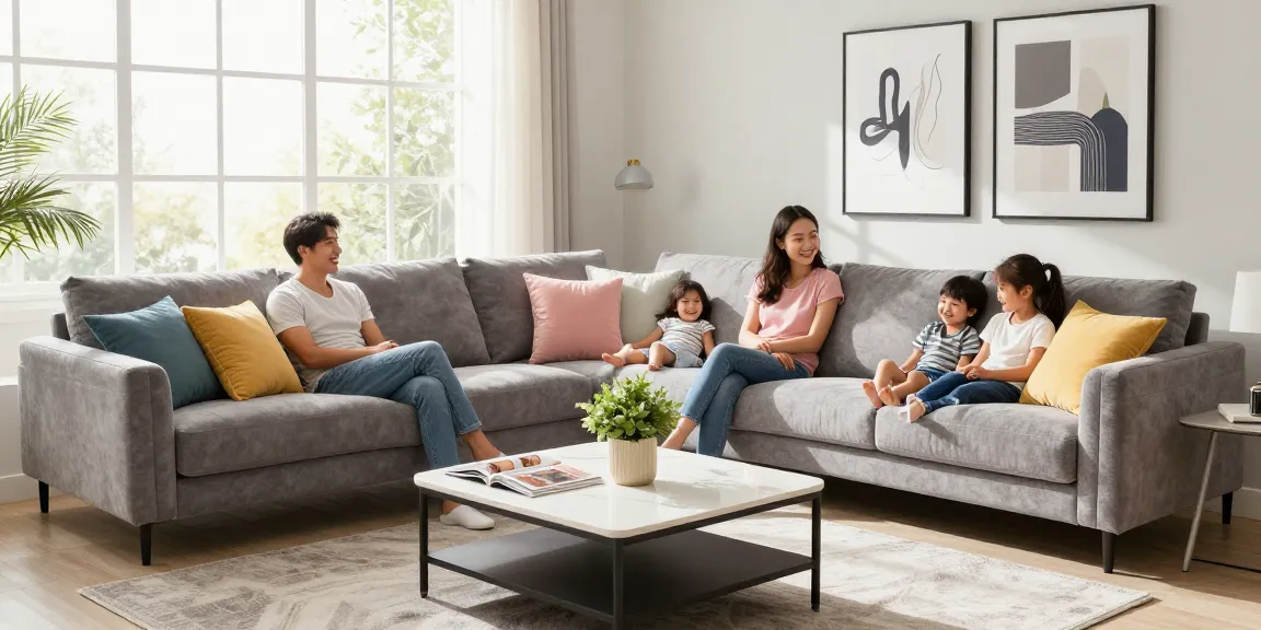 Gemütliches Wohnzimmer der Familie mit stilvollen Möbeln aus dem Möbel Shop online, hellem Sonnenlicht und modernem Dekor.