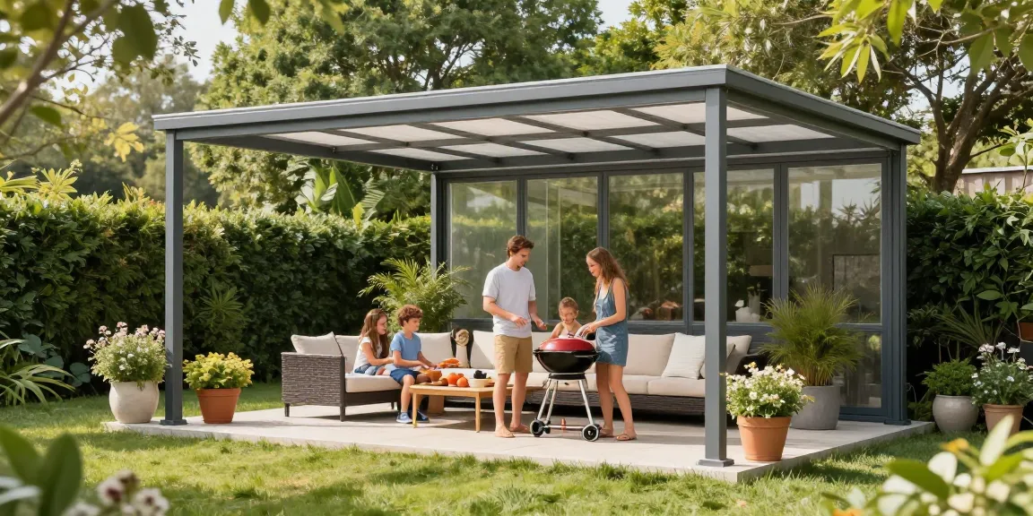 Terrassenüberdachung freistehend für eine gemütliche Grillfeier im Garten.