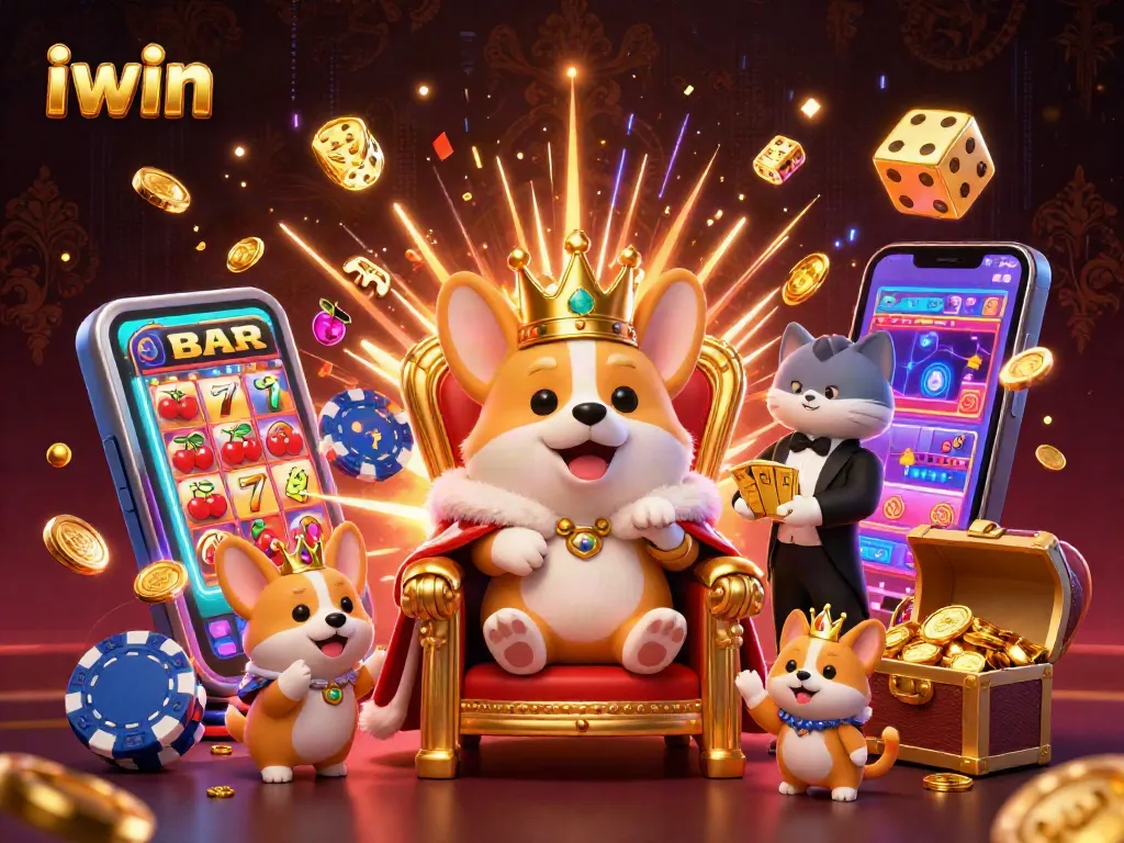 Play iwin's exciting slot games with animated royal corgi and dynamic casino elements.