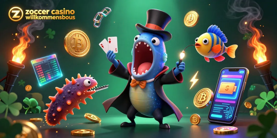 Experience the excitement at Zoccer Casino with the ultimate willkommensbonus, featuring vibrant 3D cartoon elements and glowing crypto coins.