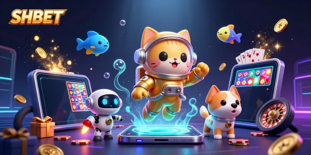 Experience the thrilling SHBET universe, with dynamic games and engaging characters in a vibrant casino setting.