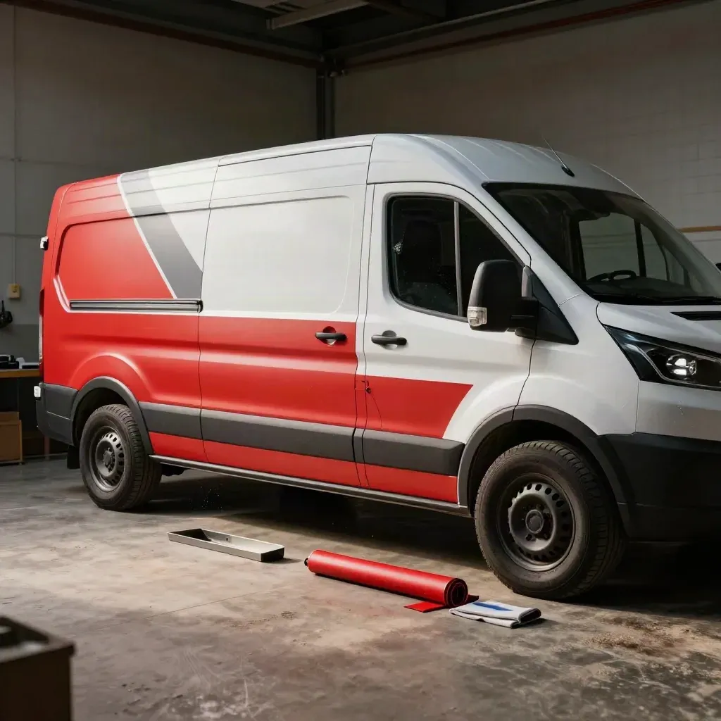 Weißer Transporter mit roter und anthrazitfarbener Fahrzeugbeschriftung in einer Werkstatt.