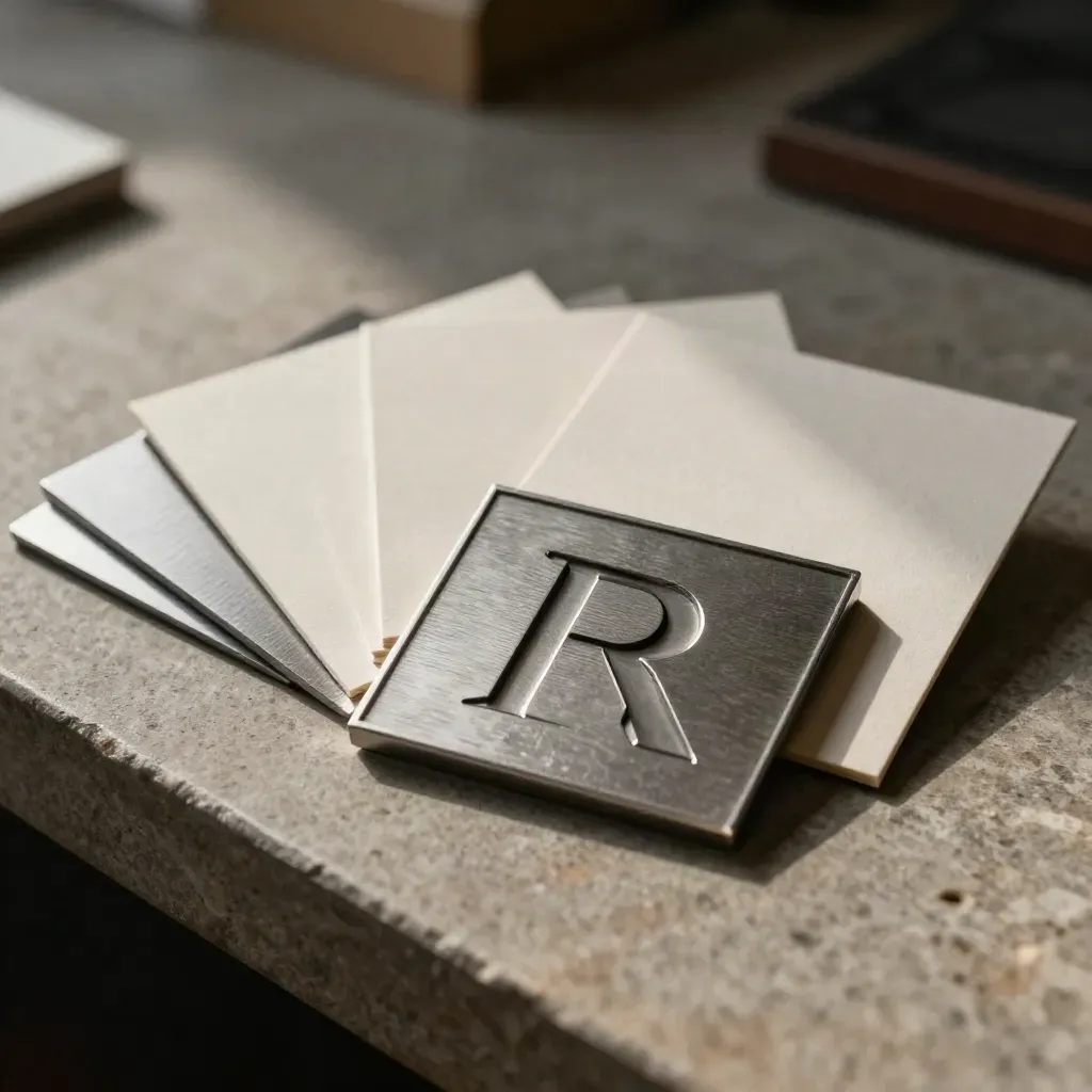 Logo-Entwurf mit Acrylbuchstaben, Folienkarten und Aluminium-Badges auf einer Steinleiste.