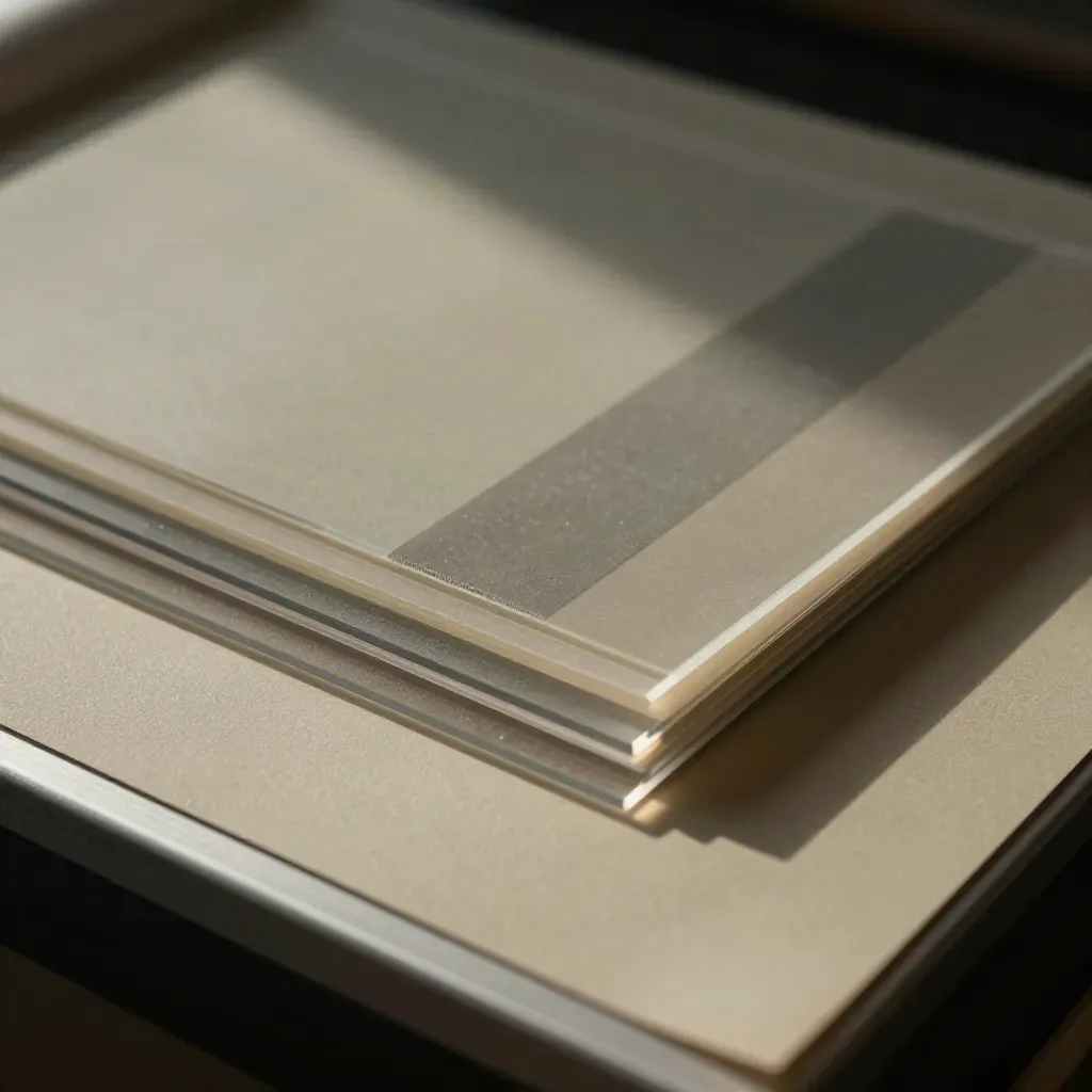 Transparente Layoutfolien und Proof-Masken als präziser Material-Stack im Licht