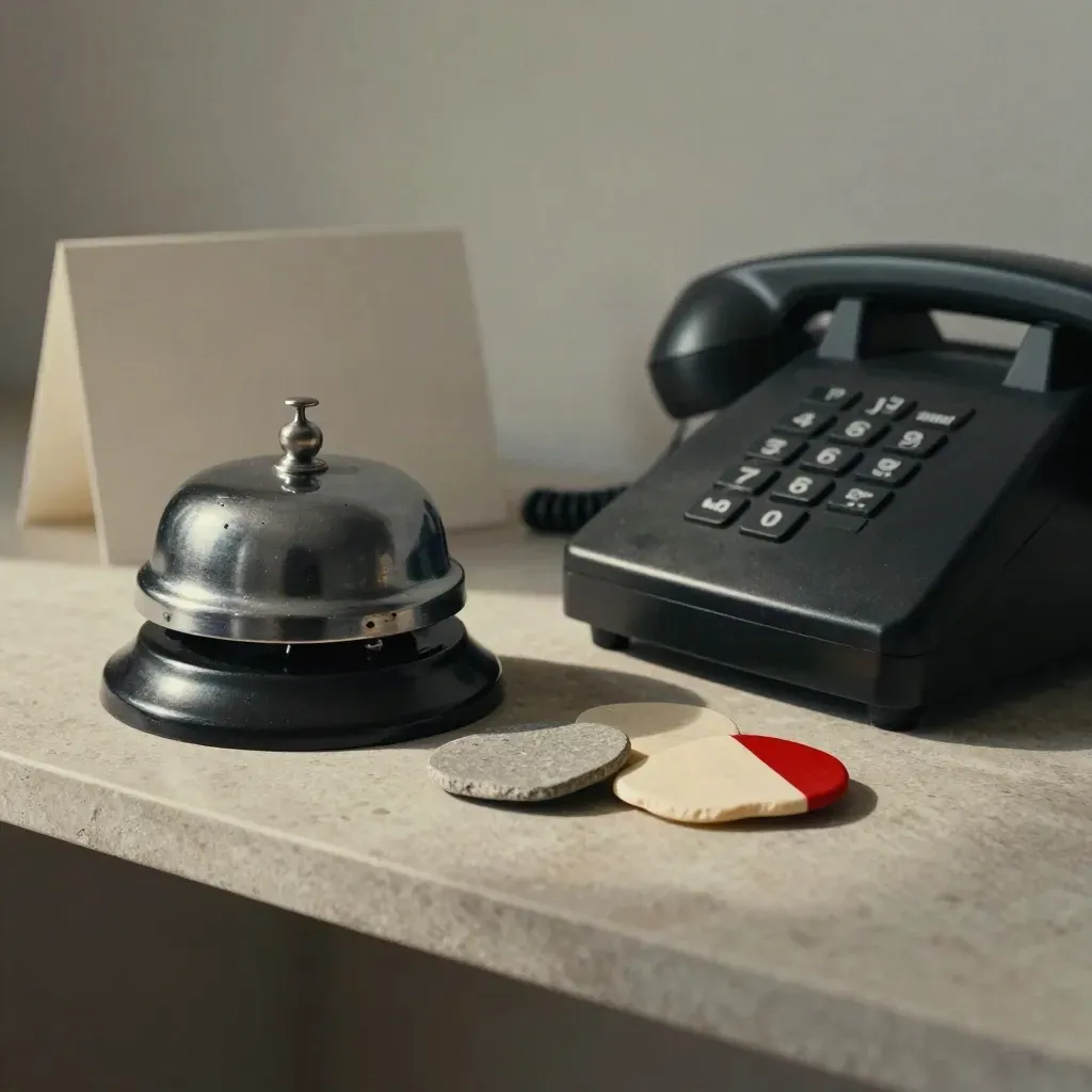Matte Klingel, Telefonbasis und Materialchips auf einem schmalen Steinsims.