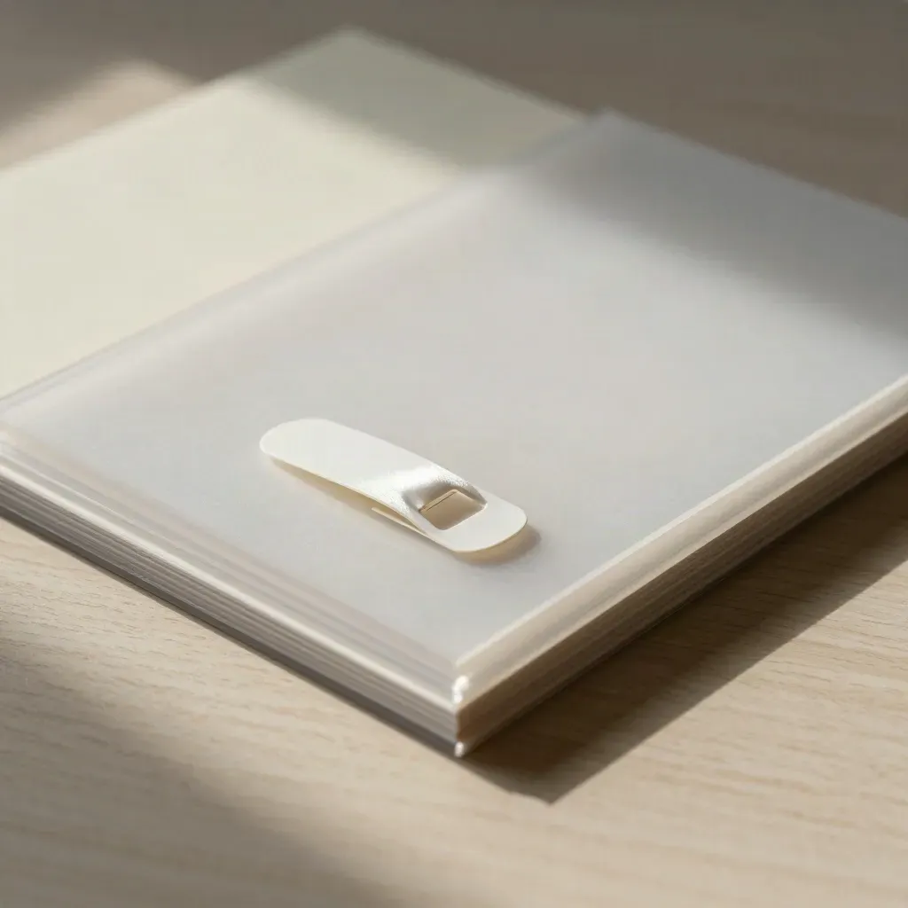 Layoutfolien, Vinylformen und Clip auf hellem Holz, mit Entwurfskarte im Hintergrund
