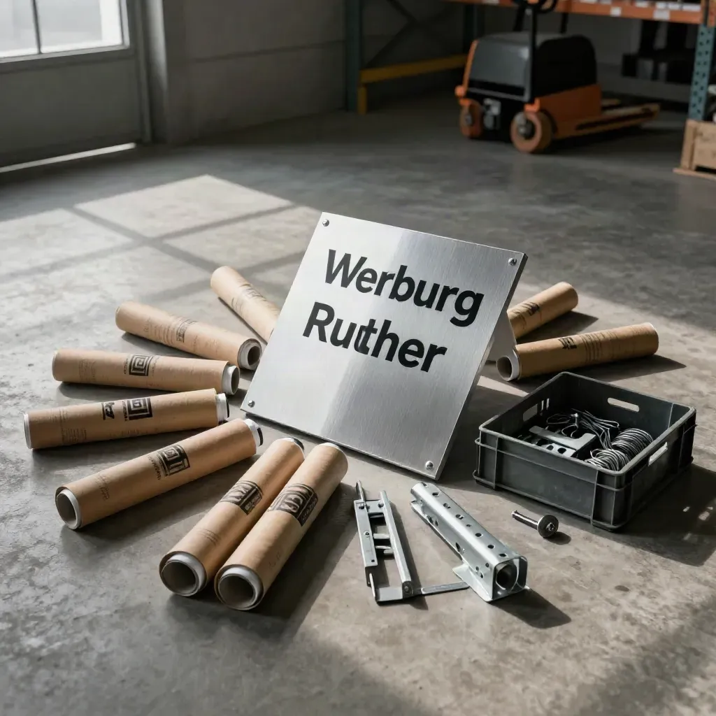 Druckrollen, Alu-Schild und Montagematerial im Lager auf Beton, bereit für Lieferung und Aufbau.