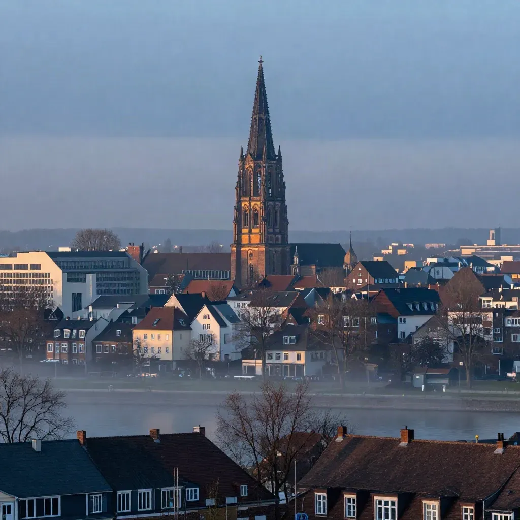 Mönchengladbacher Skyline mit Münster-Turm über Nebel und Dächern bei Dämmerung