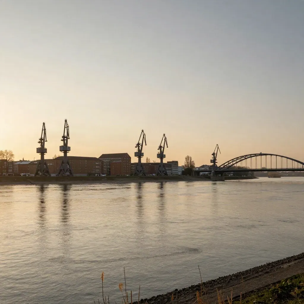 Rhein-Krane und Backsteinfassaden in goldenem Abendlicht über Krefeld und Neuss.
