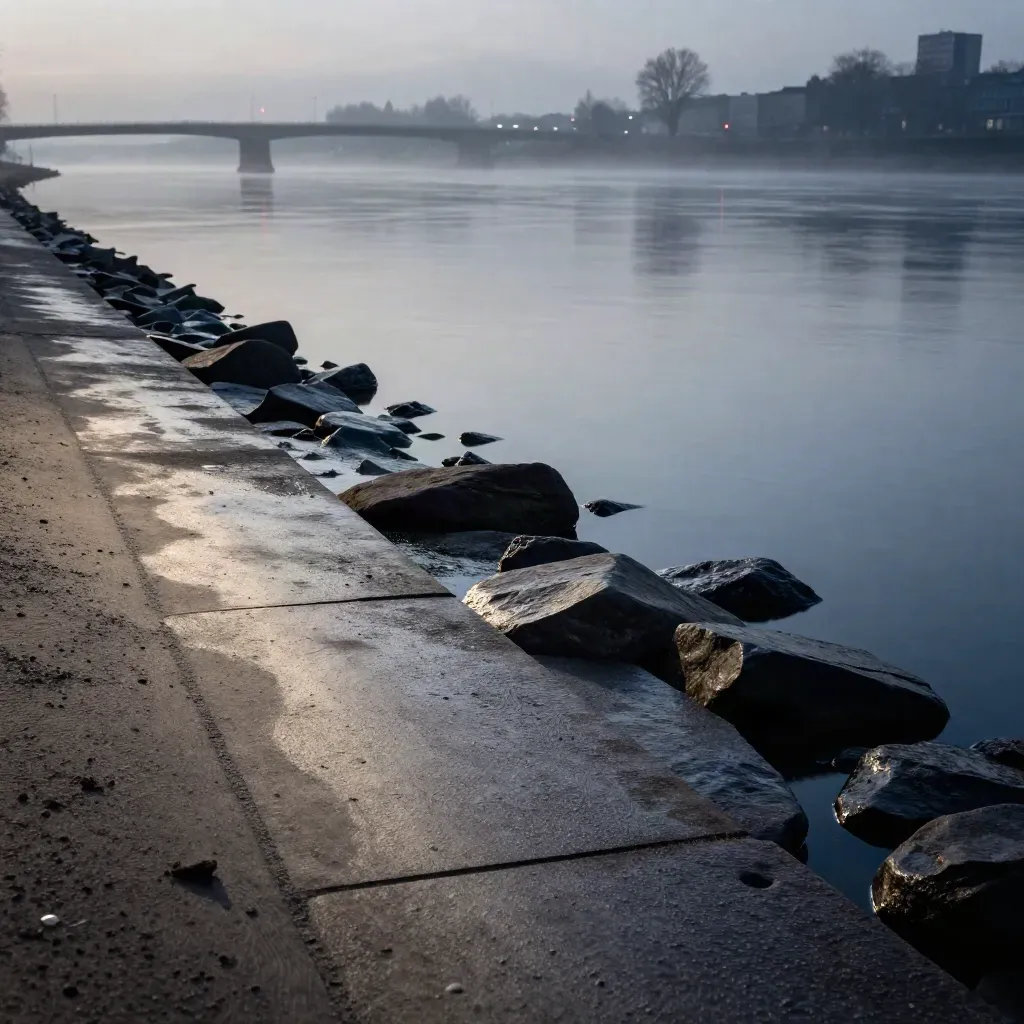 Düsseldorfer Rheinuferszene mit Brücken-Silhouette, nassen Steinen und ruhigem Wasser