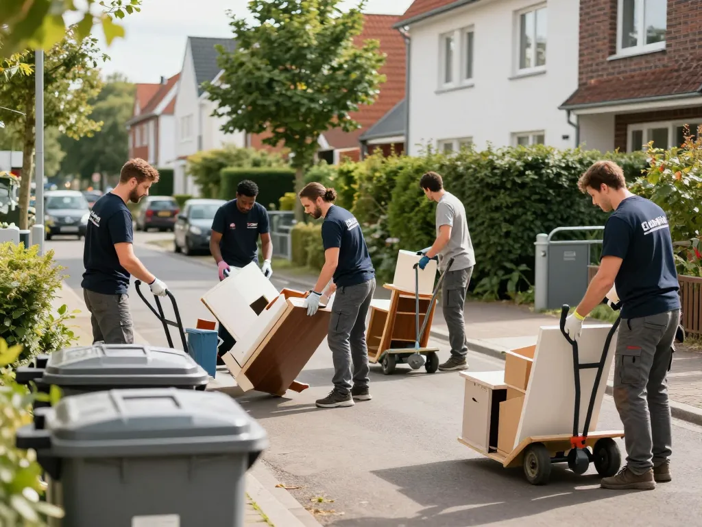 Entrümpelungen im Raum deiner Region durch ein professionelles Team, das eine Wohnimmobilie in Münster entrümpelt, und dabei organisiertes Teamwork sowie effektiven Service zeigt.