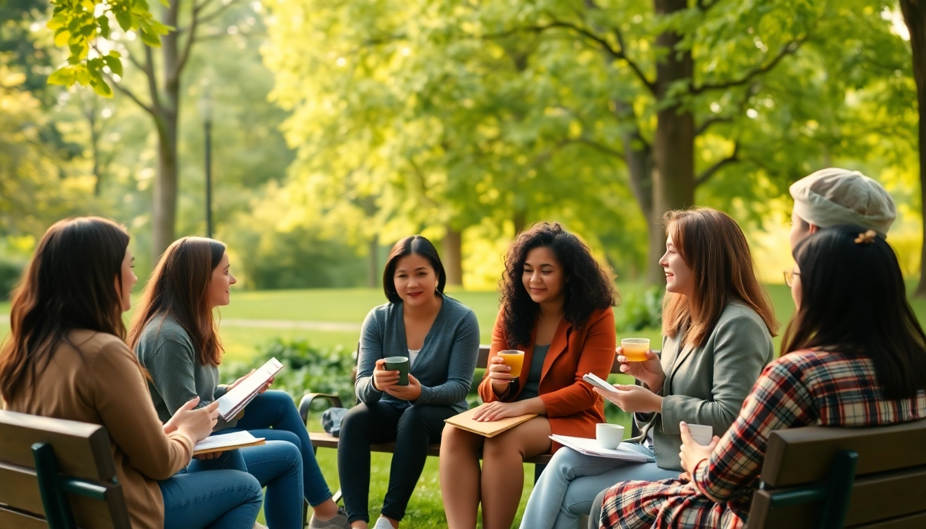 Engaging community dialogue on mental health awareness amidst a tranquil park setting.