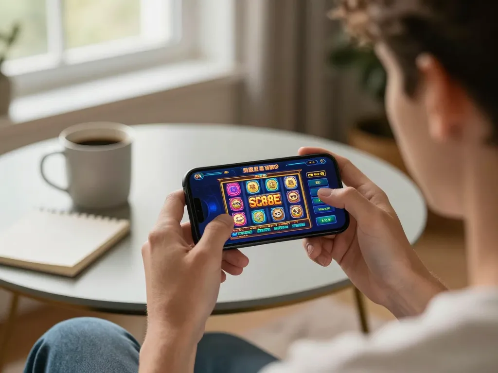 A user enjoying SC88E mobile app gameplay, showcasing a vibrant gaming interface and cozy home atmosphere.