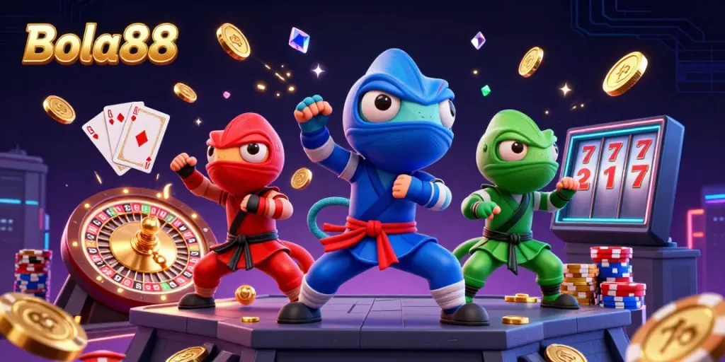 Bola88 features a dynamic illustration with a chameleon team showcasing synchronized martial arts surrounded by casino elements.
