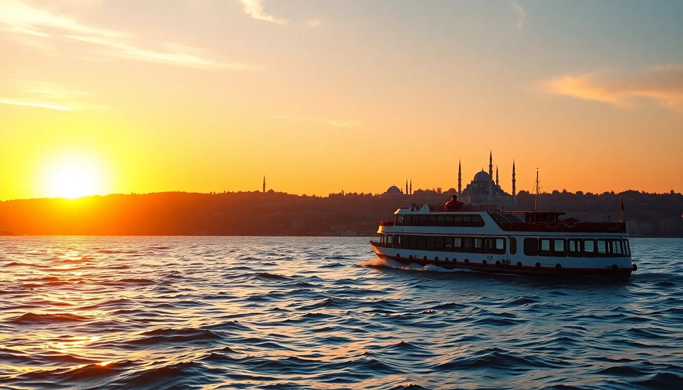 bosphorus sunset cruise mit einer traditionellen Fähre und der Skyline von Istanbul im Hintergrund.