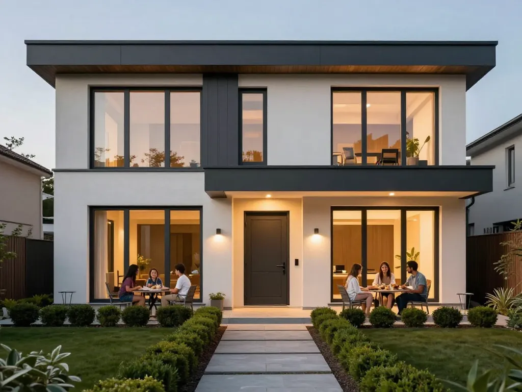 Schüco Fenster, die moderne Aluminiumfenster in einem zeitgenössischen Zuhause präsentieren.