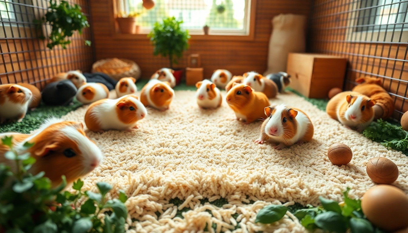 Nagermatte in einem gemütlichen Gehege mit glücklichen Meerschweinchen beim Spielen.