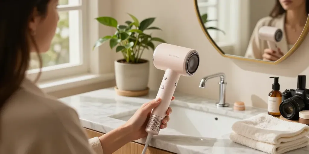 Laifen Deutschland Haartrockner im modernen Badezimmer mit lebhaften Pflanzen und Naturlicht