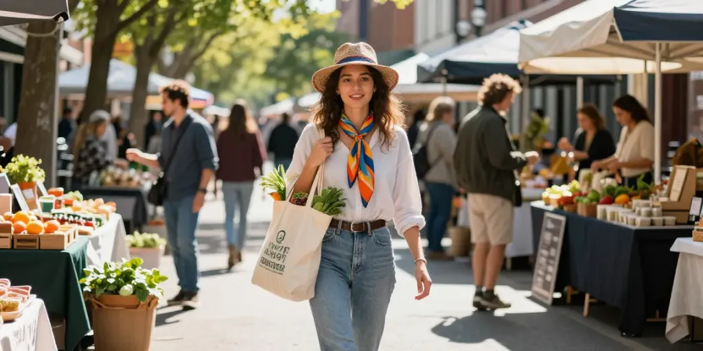 Erleben Sie den urbanen Lebensstil auf https://www.lady-lifestyle.de/ mit einer stilvollen Frau, die auf einem Markt umweltfreundliche Produkte kauft.