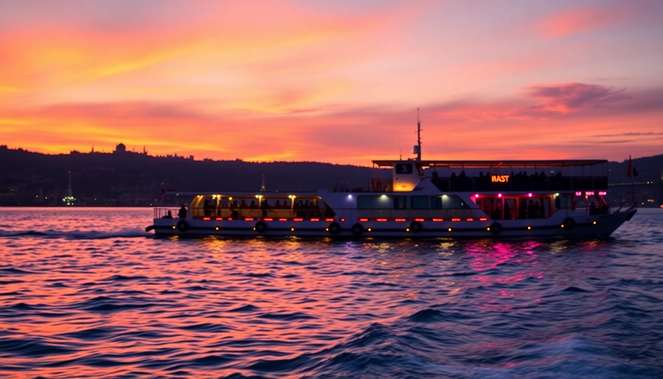Bosphorus sunset cruise with a beautiful boat against a colorful sunset backdrop.