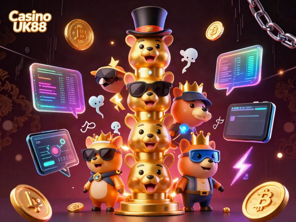 Experience the vibrant world of Casino UK88 with a whimsical golden totem surrounded by crypto coins and dynamic gaming elements.