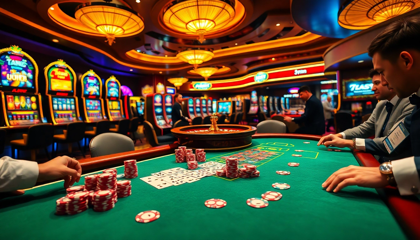 Players ante up at a vibrant poker table, showcasing 7m in the heart of a luxurious casino experience.