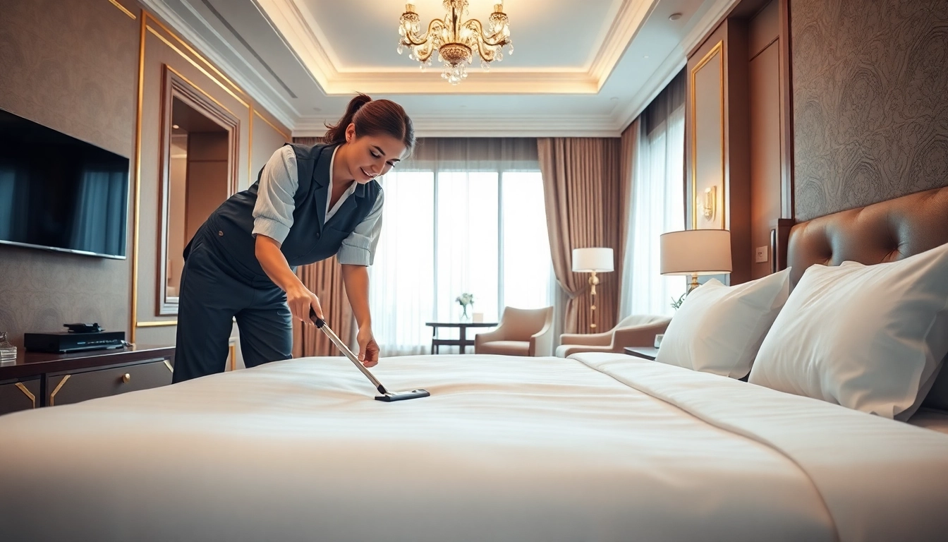Effiziente hotelreinigung berlin mit professionellen Reinigungskräften in einem luxuriösen Hotelzimmer.