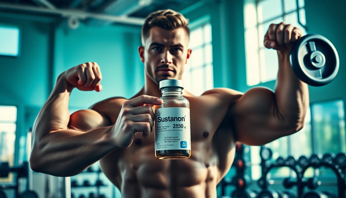 Sustanon 250 kaufen – Bodybuilder showcasing strength while holding Sustanon 250 in a vibrant gym.
