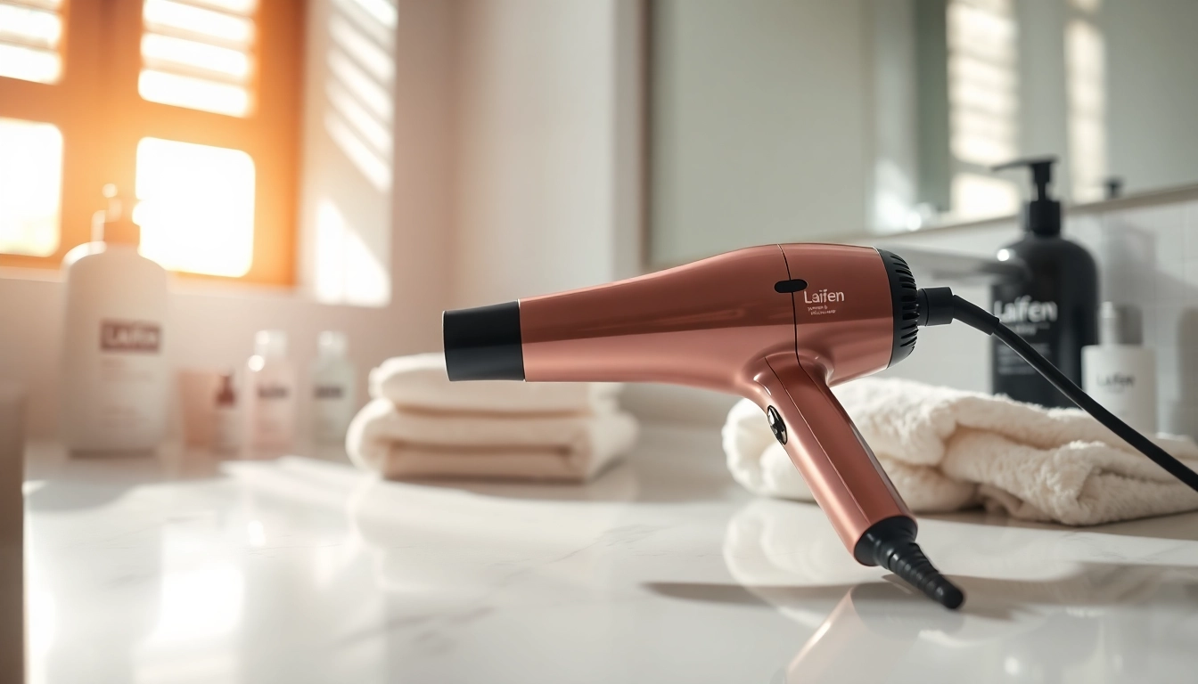 Laifen se Haartrockner auf einem gepflegten Badezimmertisch mit Pflegeprodukten.