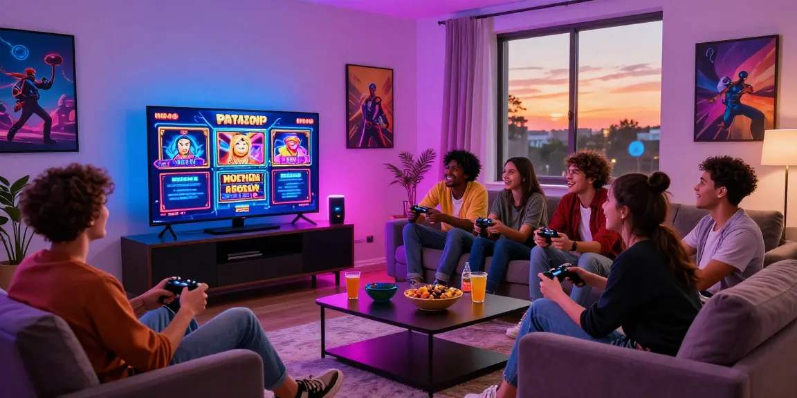 Exciting scene of friends playing สล็อตเว็บตรง video games in a stylish living room, showcasing gaming culture.