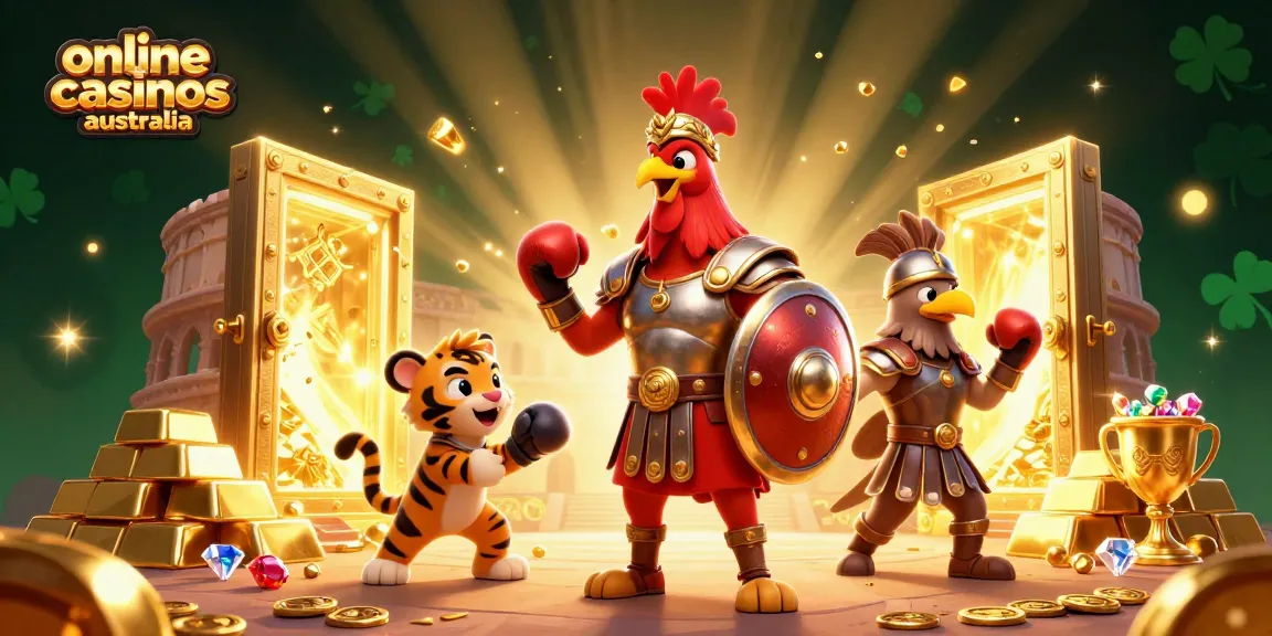 Engage with the vibrant world of online casinos Australia as a rooster gladiator battles amidst gold treasures and dazzling gems.