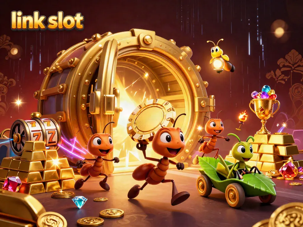 Ants carrying a giant poker chip in a vibrant casino-themed heist scene, spotlighting link slot elements.