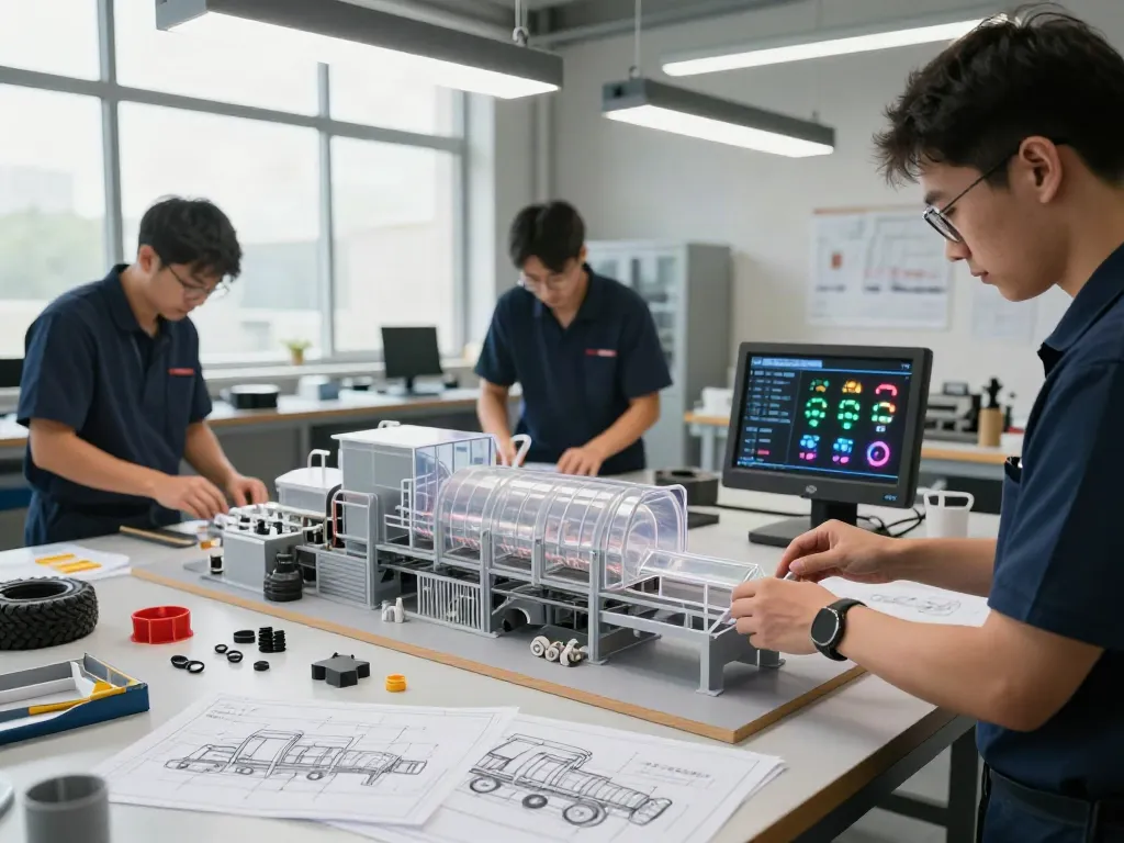 Industriemodell Pallmann mit Energie Modelle in der Werkstatt, Handwerker bei der Arbeit.